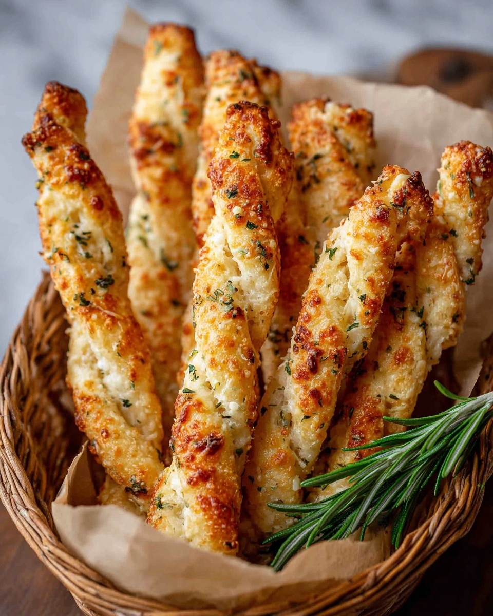 A basket lined with light brown parchment paper is filled with several golden-brown cheese sticks twisted with a crispy texture. The sticks have browned bits of melted cheese and are sprinkled with small green herb leaves, likely rosemary, with some whole sprigs resting on top and beside the basket. The cheese sticks stand closely together, showing their uneven, crunchy surface on a white marbled texture underneath. Photo taken with an iphone --ar 4:5 --v 7