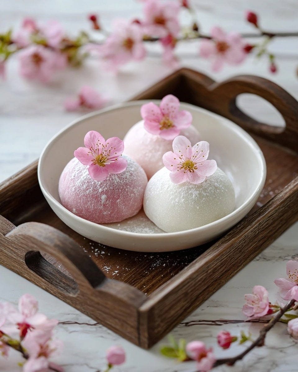 Three smooth, round mochi balls sit on a white plate dusted lightly with white powder inside a dark wooden tray. Each mochi has a different soft pastel color: one pale pink, one creamy white, and one light blush pink. On top of each mochi is a delicate pink flower with visible yellow stamens, adding a gentle floral touch. The tray rests on a white marbled textured surface scattered with matching pink cherry blossoms. The overall look is soft, light, and elegant with a focus on smooth textures and pastel colors. photo taken with an iphone --ar 4:5 --v 7