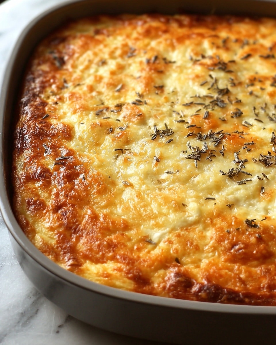 A close-up of a baked dish in a gray pan, showing one layer of melted golden-brown cheese covering the entire surface with a slight crust along the edges; the cheese looks gooey with spots of darker brown and some scattered small black herb flakes on top; the pan is placed on a white marbled surface. photo taken with an iphone --ar 4:5 --v 7
