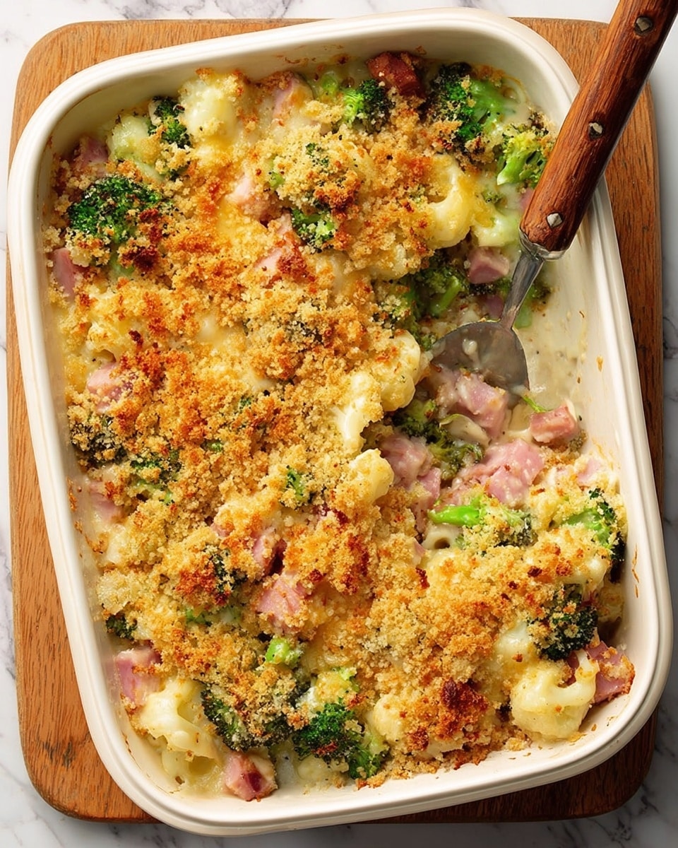 A white square baking dish filled with a baked casserole sits on a wooden board with a white marbled texture underneath. The casserole has three main layers visible: the bottom layer is a mix of green broccoli florets and white cauliflower pieces, the middle layer shows pale pink diced ham chunks mixed with melted light yellow cheese, and the top layer is a thick, golden brown breadcrumb crust that is crispy and unevenly spread, covering parts of the vegetables and ham. A metal spoon with a wooden handle rests inside the dish, slightly scooping a portion. Photo taken with an iphone --ar 4:5 --v 7