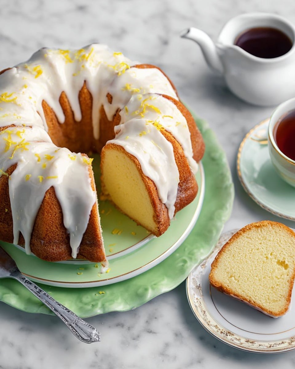 The image shows a bundt cake with one slice cut out and placed on the side, both sitting on a white plate with a pale green rim. The cake has one layer, a light golden brown outside and a pale yellow inside with a soft texture. A thick white glaze is drizzled unevenly over the top, dripping down the sides and pooling slightly around the cake. Small yellow zest pieces are sprinkled on top of the glaze. The plate is set on a white marbled surface with a silver cake server nearby. To the right, there is a white teapot and a white cup filled with dark tea. Photo taken with an iphone --ar 4:5 --v 7