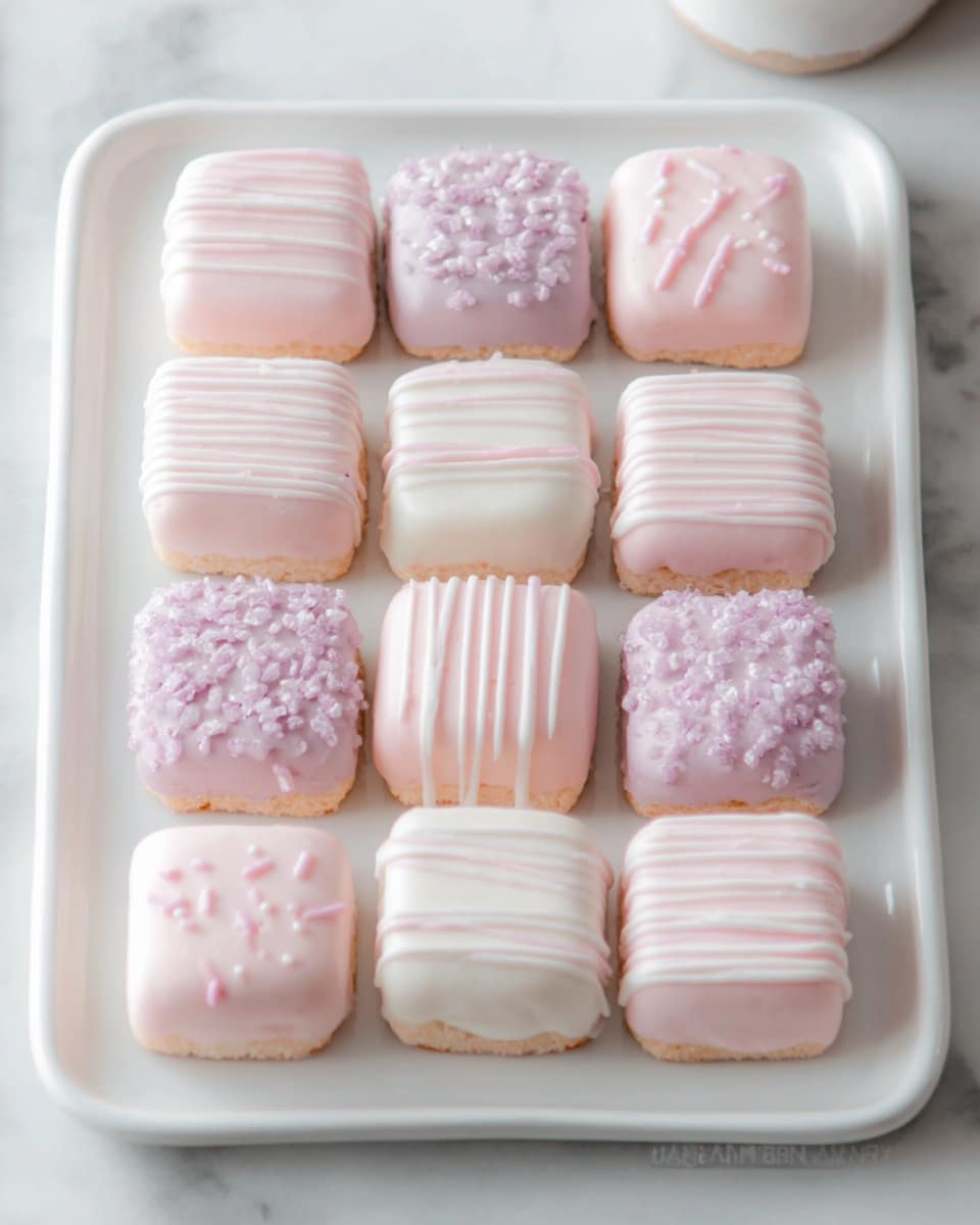 The image shows a white rectangular plate with twelve small square pastries arranged in a 4 by 3 grid on a white marbled surface. Each pastry has a smooth pastel pink icing layer covering the top, with some having thin white icing lines drizzled across in stripes, while others have a rougher texture with small pink sugar crystals on top. The colors vary slightly between soft pink shades, creating a gentle contrast. The pastries look soft and delicate with their light decoration. photo taken with an iphone --ar 4:5 --v 7