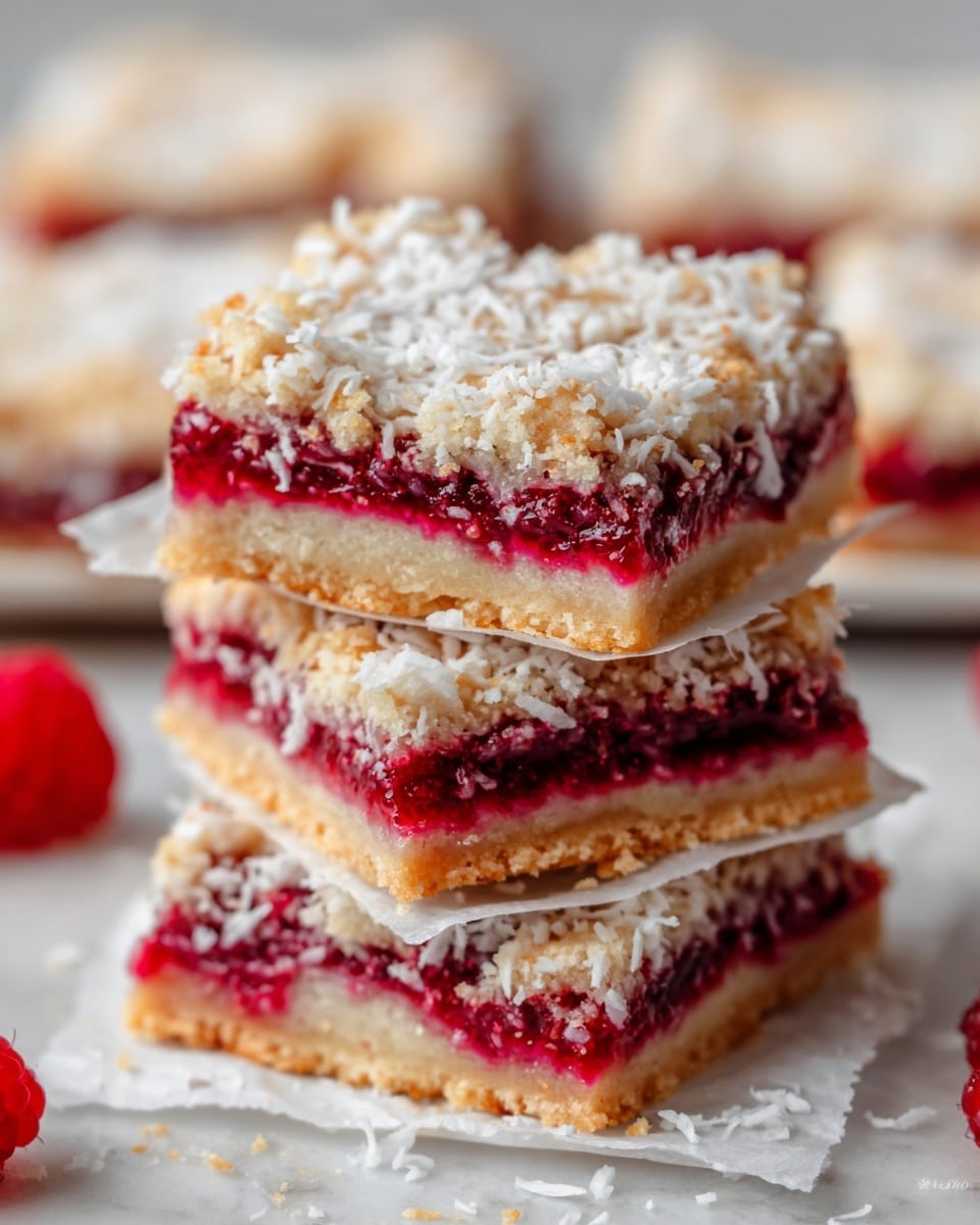 The image shows a stack of three square dessert bars on a piece of white parchment paper. Each bar has three visible layers: a light golden brown base, a thick bright red raspberry filling in the middle, and a top layer covered with a light tan crumbly texture and sprinkled with white shredded coconut. The edges of the bars are slightly uneven, showing the soft filling oozing a bit. In the background, more bars are seen on the white marbled surface, slightly out of focus. The photo taken with an iphone --ar 4:5 --v 7