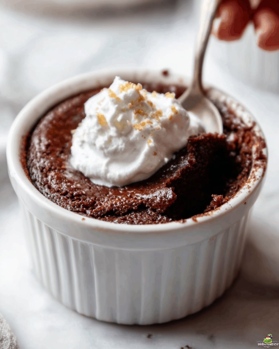 A white ceramic ramekin filled with a rich, dark chocolate dessert that has a slightly cracked top, revealing a gooey texture inside. On top, a small dollop of white whipped cream is placed at the center, sprinkled with tiny light brown bits. The ramekin sits on a white marbled surface, and a woman's hand is holding a spoon above the dish. The focus is tight on the ramekin, highlighting the moist texture and contrast between the dark chocolate and bright whipped cream. photo taken with an iphone --ar 4:5 --v 7