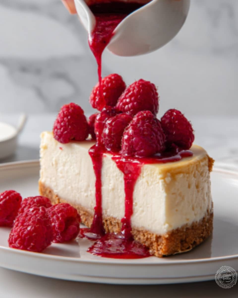 A creamy cheesecake with a thick golden brown crust at the bottom, topped with a pile of fresh red raspberries. Bright red raspberry sauce is being poured over the berries, some dripping down the smooth, white surface of the cheesecake. The cheesecake is on a simple white plate, placed on a white marbled surface, creating a clean and fresh look. Photo taken with an iphone --ar 4:5 --v 7