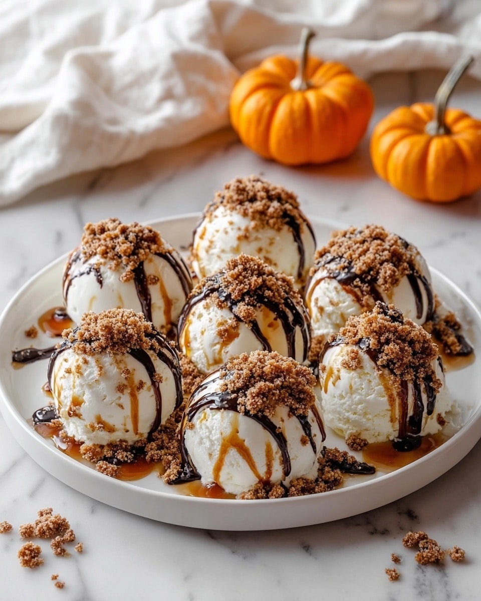 Seven white scoops of ice cream are arranged closely on a round white plate placed on a white marbled surface. Each scoop is topped with brown crumbly bits and drizzled with dark chocolate and light caramel sauce that gently flows down the sides, pooling slightly at the base. The ice cream looks smooth and creamy, while the crumb topping adds a rough texture contrast. In the blurred background, three small orange pumpkins sit on a soft white cloth, adding a cozy autumn feel. Photo taken with an iphone --ar 4:5 --v 7