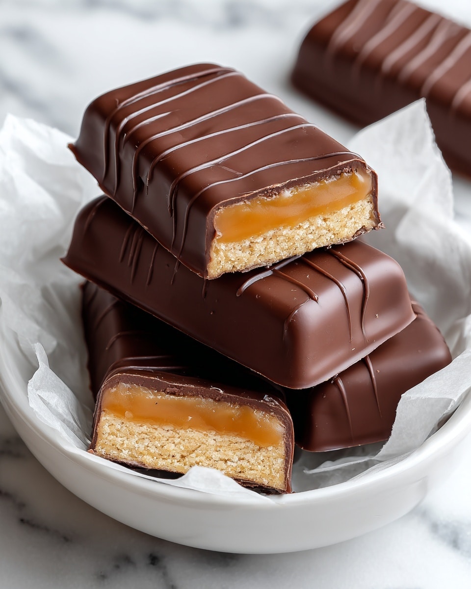 In a white bowl lined with white parchment paper sits a stack of chocolate-covered bars. The bars have a smooth, glossy dark chocolate coating with thin chocolate lines on top. Two bars are whole, and two are cut in half, showing a thick, golden caramel layer on top of a light tan, crumbly biscuit base. The bowl rests on a white marbled surface. photo taken with an iphone --ar 4:5 --v 7