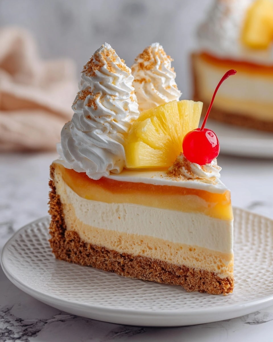 A slice of layered cheesecake sits on a white textured plate with a crumbly brown crust base. Above the crust, the cheesecake has a creamy white layer with swirls of orange and yellow running through the middle, giving a marbled effect. On top, two swirls of white whipped cream hold two bright red cherries with stems. Behind the cherries are three fruit slices: two yellow pineapple slices and one orange slice. Crumbs are scattered on the plate around the cake. The plate is set on a white marbled surface with a blue and white striped cloth in the background. Photo taken with an iphone --ar 4:5 --v 7