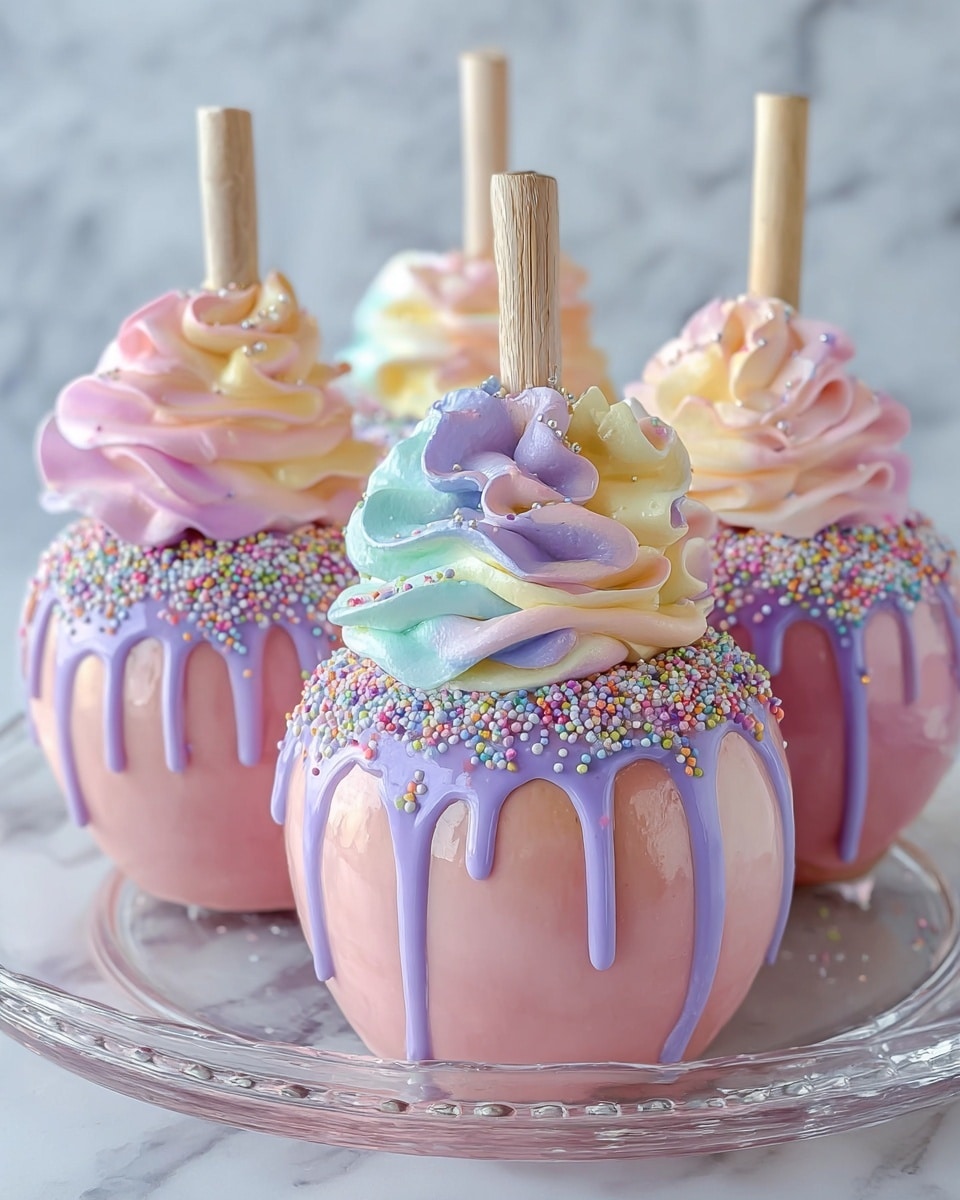 Four round candy apples are shown on a clear glass plate, set on a white marbled texture. Each apple is coated with smooth pink candy and topped with a layer of dripping purple or light blue glaze that runs halfway down the sides. The edges of the glaze are decorated with colorful round sprinkles. On top of each apple, there is a large swirl of fluffy, pastel-colored whipped cream in shades of pink, blue, yellow, and purple. A wooden stick is inserted in the center of each apple, rising vertically through the whipped cream. The overall look is bright, soft, and playful. photo taken with an iphone --ar 4:5 --v 7