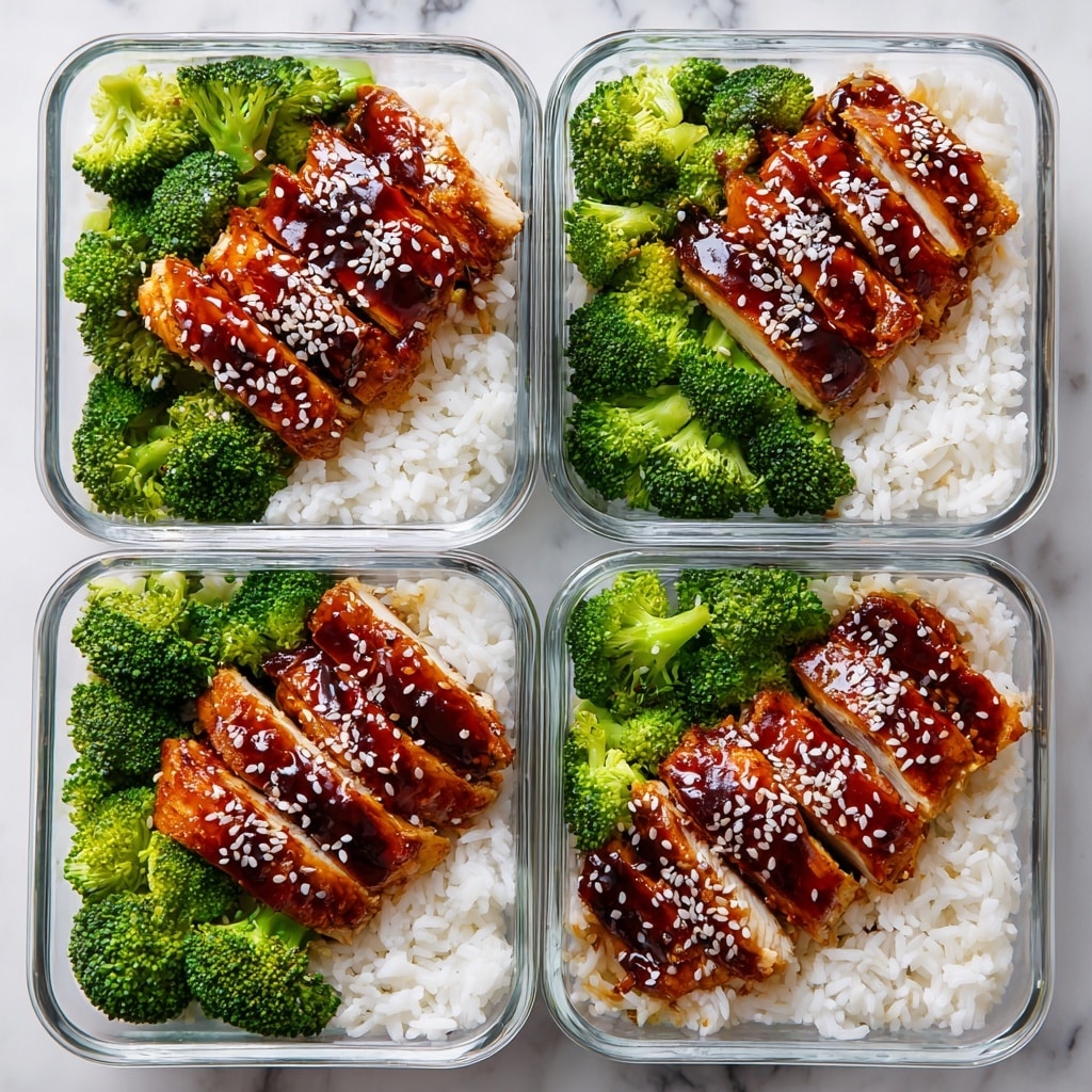 The image shows four white rectangular glass meal prep containers arranged neatly on a white marbled surface. Each container holds three layers: a base layer of white rice with soft, fluffy texture; a middle layer of bright green broccoli florets that look steamed with a slightly tender texture; and a top layer of golden-brown teriyaki chicken breast slices, glazed with a shiny, sticky dark brown sauce and sprinkled with white sesame seeds. The chicken is cut into even pieces, revealing a juicy and tender inside. The containers are filled generously and the fresh colors of green, white, and glazed brown create a vibrant and appetizing look. Photo taken with an iphone --ar 4:5 --v 7