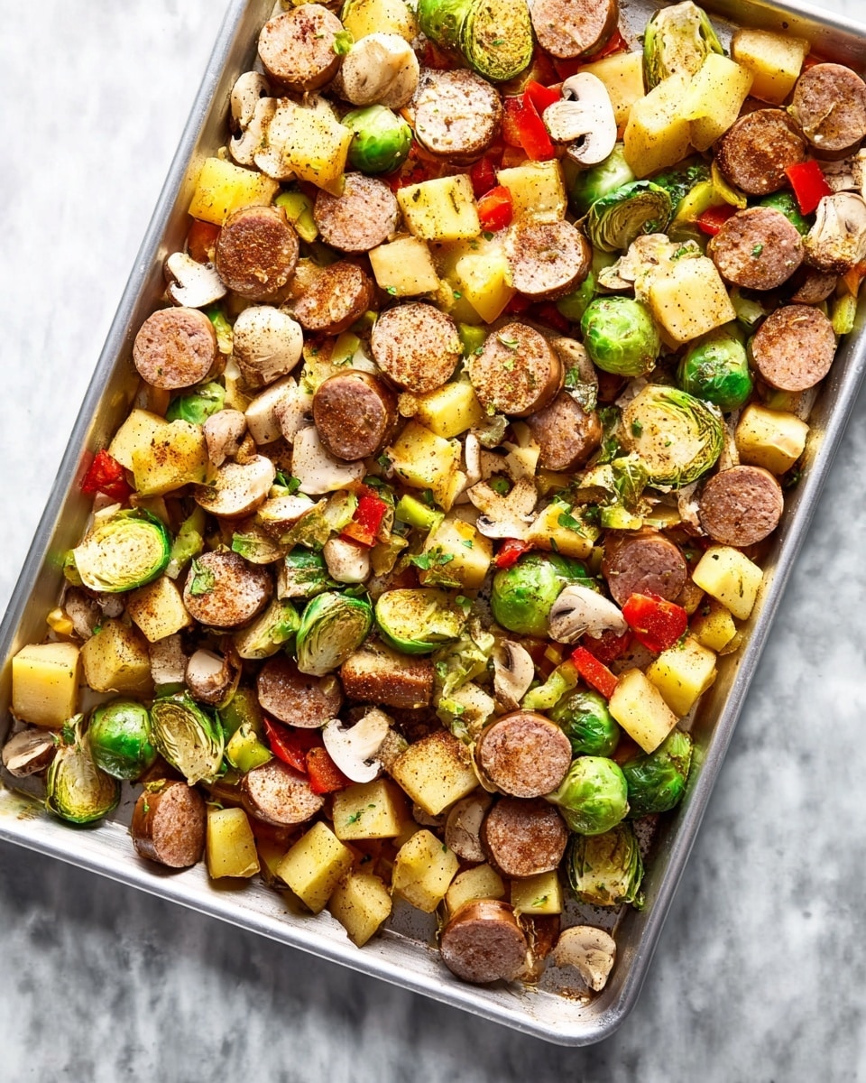 A tray filled with chopped sausage slices that are brown with a slightly crispy texture, mixed with bright green halved Brussels sprouts, light yellow cubed potatoes, green and red bell pepper pieces, and halved white mushrooms scattered evenly throughout. The ingredients are sprinkled with a light coating of brown spices, giving the entire mix a seasoned look. The tray sits on a white marbled surface. photo taken with an iphone --ar 4:5 --v 7