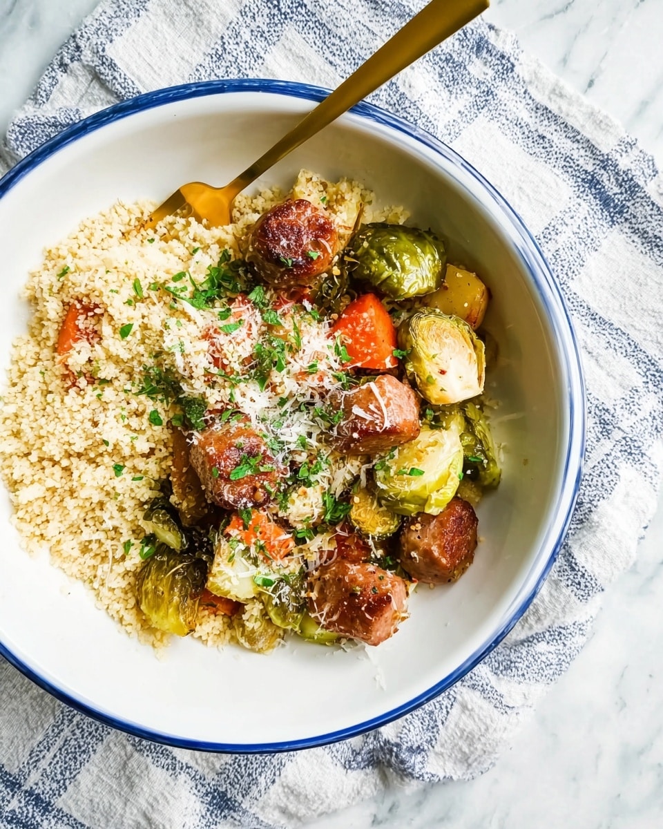 A white bowl with a blue rim is filled half with light beige couscous that has a soft, grainy texture. On the other half of the bowl, there are several pieces of browned sausages that have a slightly crispy surface, mixed with chunks of roasted vegetables including golden brown potatoes, green Brussels sprouts, and an orange carrot piece. The dish is sprinkled with grated cheese and finely chopped green herbs, adding a fresh, colorful look. A gold fork rests inside the bowl on the left side, over the couscous. The bowl sits on a white and blue checkered cloth, all placed on a white marbled surface. Photo taken with an iphone --ar 4:5 --v 7