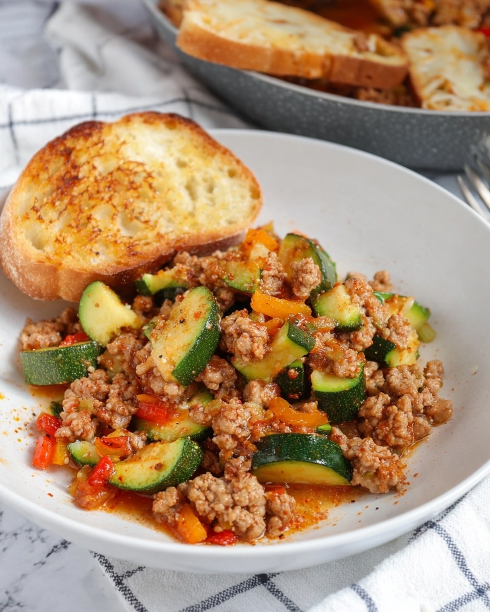 A white plate holds a dish with one main layer of cooked ground meat mixed with sliced green zucchini and small diced orange bell peppers, all coated in a reddish sauce with visible seasoning. Resting against the food on the plate is a piece of toasted bread, golden brown with a slightly crispy texture and some melted cheese visible on top. The background is a white marbled texture with a soft checkered cloth underneath, and another plate with more toasted bread is slightly visible in the back. Photo taken with an iphone --ar 4:5 --v 7