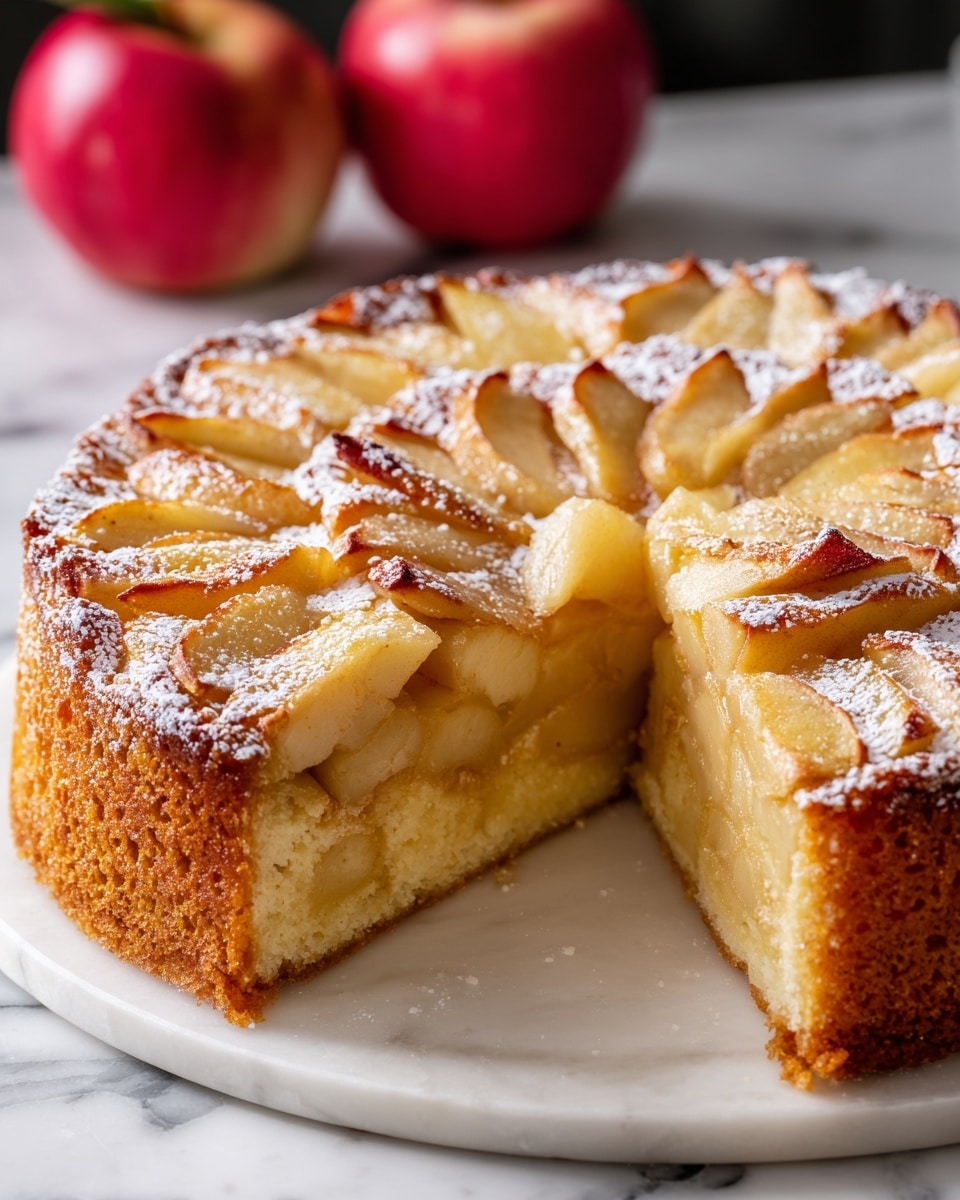 A close-up view of a round apple cake with one slice removed, showing three layers: a light golden brown soft cake base, a thick middle layer of tender, pale yellow apple slices tightly packed, and a top layer of caramelized apple slices arranged in a circular pattern with a slightly browned crust, all sprinkled lightly with white powdered sugar. The cake sits on a white plate on a white marbled surface, with two red apples softly blurred in the black background. photo taken with an iphone --ar 4:5 --v 7