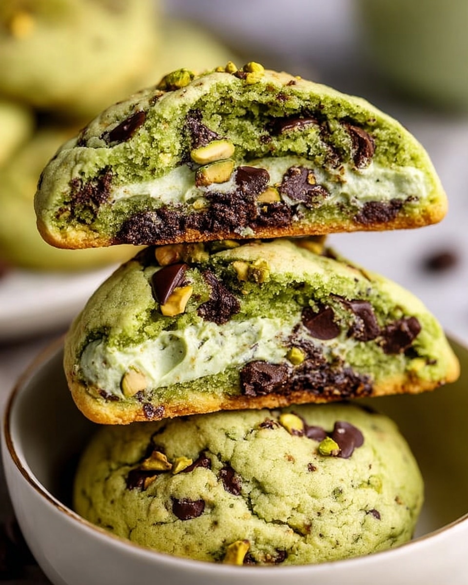 A close-up of three green cookies stacked on each other in a white bowl, with chocolate chips and small pieces of pistachio on top. The top cookie is cut in half, showing three layers: a light golden brown bottom, a thick bright green dough layer with dark chocolate chunks, and a creamy pale green filling in the center. The texture of the dough looks soft and slightly crumbly, with chocolate chips embedded throughout. The white marbled surface is blurred in the background. Photo taken with an iphone --ar 4:5 --v 7