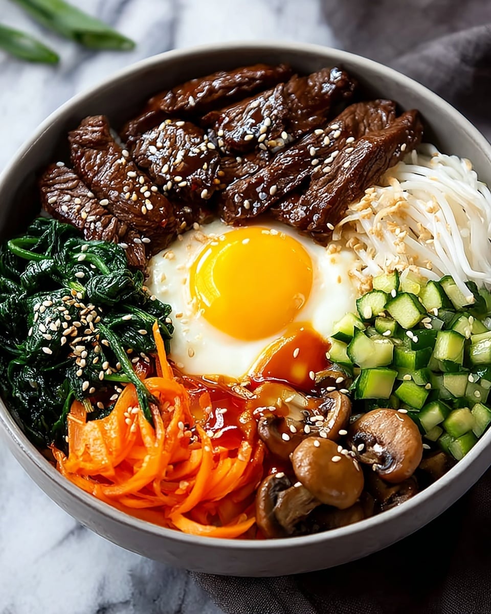 A white bowl filled with a colorful bibimbap is shown on a white marbled texture. Starting from the top left, there are dark brown grilled beef strips with a shiny, slightly oily texture sprinkled with white sesame seeds. Next to the beef, a sunny-side-up egg with a bright yellow yolk and glossy white edges is placed in the center. To the right of the egg, there is a vibrant green sautéed spinach drizzled with a rich brown sauce and sesame seeds. Beside the spinach, white shredded radish adds a light texture. Below the radish, chopped green cucumber pieces are glossy and fresh-looking. Near the bottom center, there are small glazed mushrooms with a brown, shiny coating. Finally, bright orange julienned carrots complete the circle with a fresh, crunchy feel. The whole dish looks fresh, vibrant, and appetizing. Photo taken with an iphone --ar 4:5 --v 7