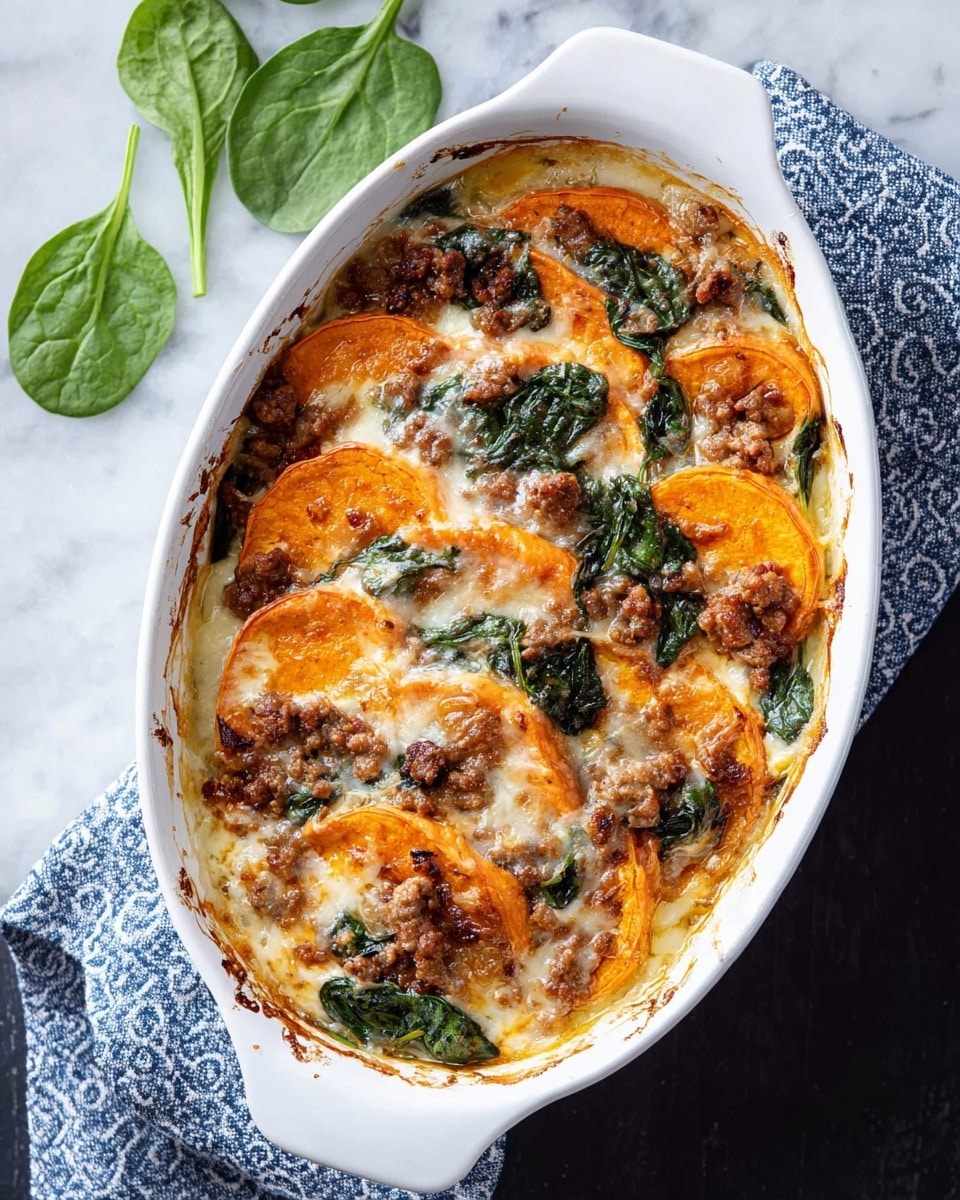 A white ceramic oval baking dish holds a layered casserole with three visible layers: the bottom layer is soft and creamy white cheese or sauce, the middle layer is bright orange thinly sliced sweet potatoes overlapping each other, and the top layer is scattered with browned cooked ground meat pieces and wilted dark green spinach leaves, all covered with melted light golden cheese. The dish sits on a white marbled surface with a folded blue and white patterned cloth partially under one side, and a few fresh dark green spinach leaves lie beside it. Photo taken with an iphone --ar 4:5 --v 7