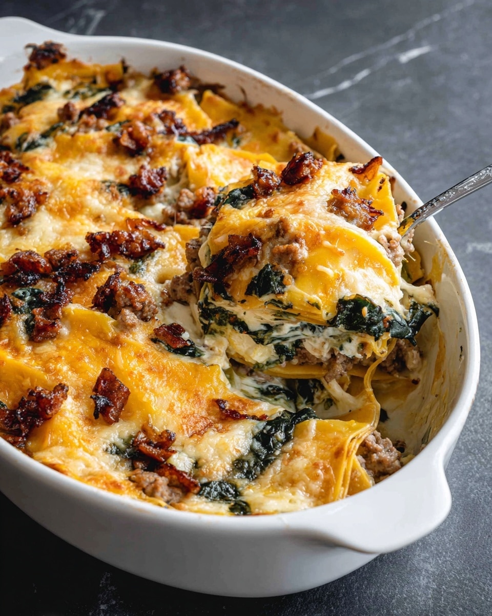The image shows a white oval baking dish filled with a layered pasta bake. The top layer is golden yellow pasta sheets with melted cheese that is light yellow and slightly browned in spots. Scattered over the top are crispy browned bits of sausage and some wilted dark green leafy vegetables. Below the top layer, you can see layers of pasta sheets, white creamy cheese, cooked sausage crumbles, and dark green vegetables creating a multi-layered texture. A silver spoon is lifting one piece from the right side, showing the inside layers clearly. The dish is set on a dark surface changed to a white marbled texture. photo taken with an iphone --ar 4:5 --v 7