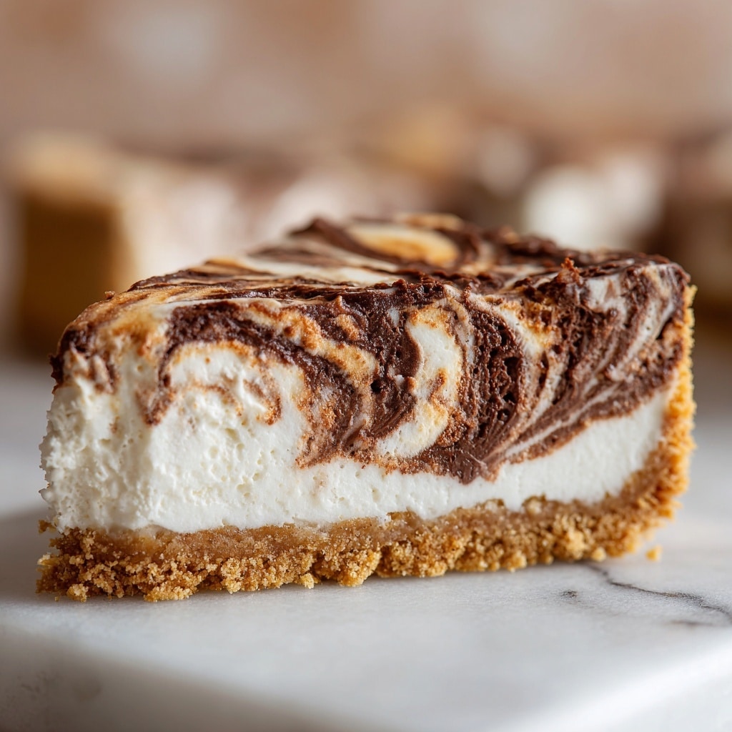 The image shows a close-up side view of a slice of s'mores cheesecake on a white marbled surface. The bottom layer is a golden brown, crumbly crust. Above it is a thick creamy white cheesecake layer with dark brown chocolate swirls mixed through, creating a marbled effect. The smooth texture of the cheesecake contrasts with the rougher crust below. The background is softly blurred with warm tones, making the slice stand out clearly. Photo taken with an iphone --ar 4:5 --v 7