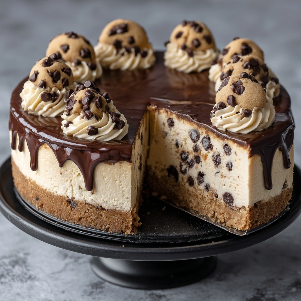 A three-layer no bake cookie dough cheesecake stands on a black cake stand. The bottom layer is a crumbly brown cookie crust. The middle layer is a thick, creamy light beige cheesecake with dark chocolate chips mixed inside. The top layer is a smooth dark chocolate ganache. On the edges, there are dollops of light beige cookie dough, each topped with dark chocolate chips and drizzled with dark chocolate sauce. One slice is cut out, showing the inside with chocolate chips. The scene has a soft white marbled texture background. Photo taken with an iphone --ar 4:5 --v 7