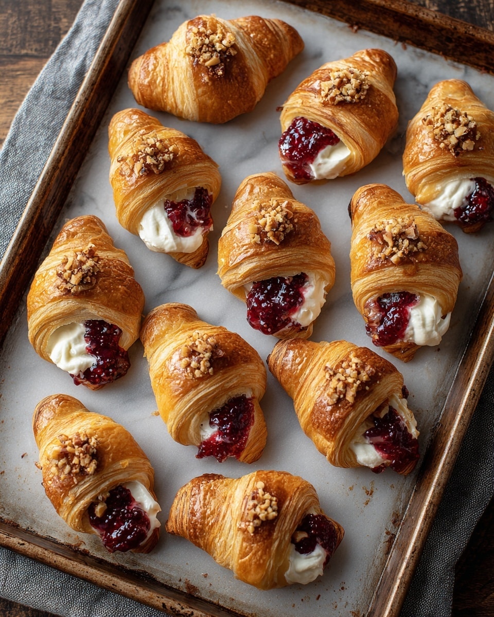 The image shows a baking tray with ten small golden-brown croissants arranged in two rows, each croissant having a soft, flaky texture. Each croissant is partially cut open and filled with a creamy white layer of cheese or cream, topped with a shiny, deep red berry jam that looks thick and slightly chunky. The jam is sprinkled with small chopped nuts, adding a rough texture contrast on top. The tray is placed on a light gray cloth on a dark wooden table, but the background changes to a white marbled texture for the description. The overall look is fresh and inviting, capturing the warm, baked layers and colorful toppings clearly. photo taken with an iphone --ar 4:5 --v 7