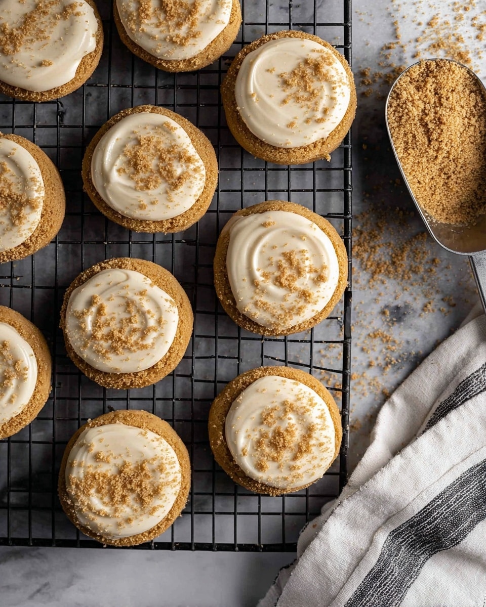 The image shows multiple round cookies arranged neatly on a black cooling rack set on a white marbled surface. Each cookie has a golden-brown base layer with a slightly crumbly texture, topped with a thick, creamy off-white frosting spread in a circular pattern. The frosting is sprinkled lightly with fine crumbs matching the base color, adding a crumbly texture on top. To the right, part of a metal scoop filled with the same crumbs sits next to a white cloth with black stripes, creating a homey atmosphere. photo taken with an iphone --ar 4:5 --v 7