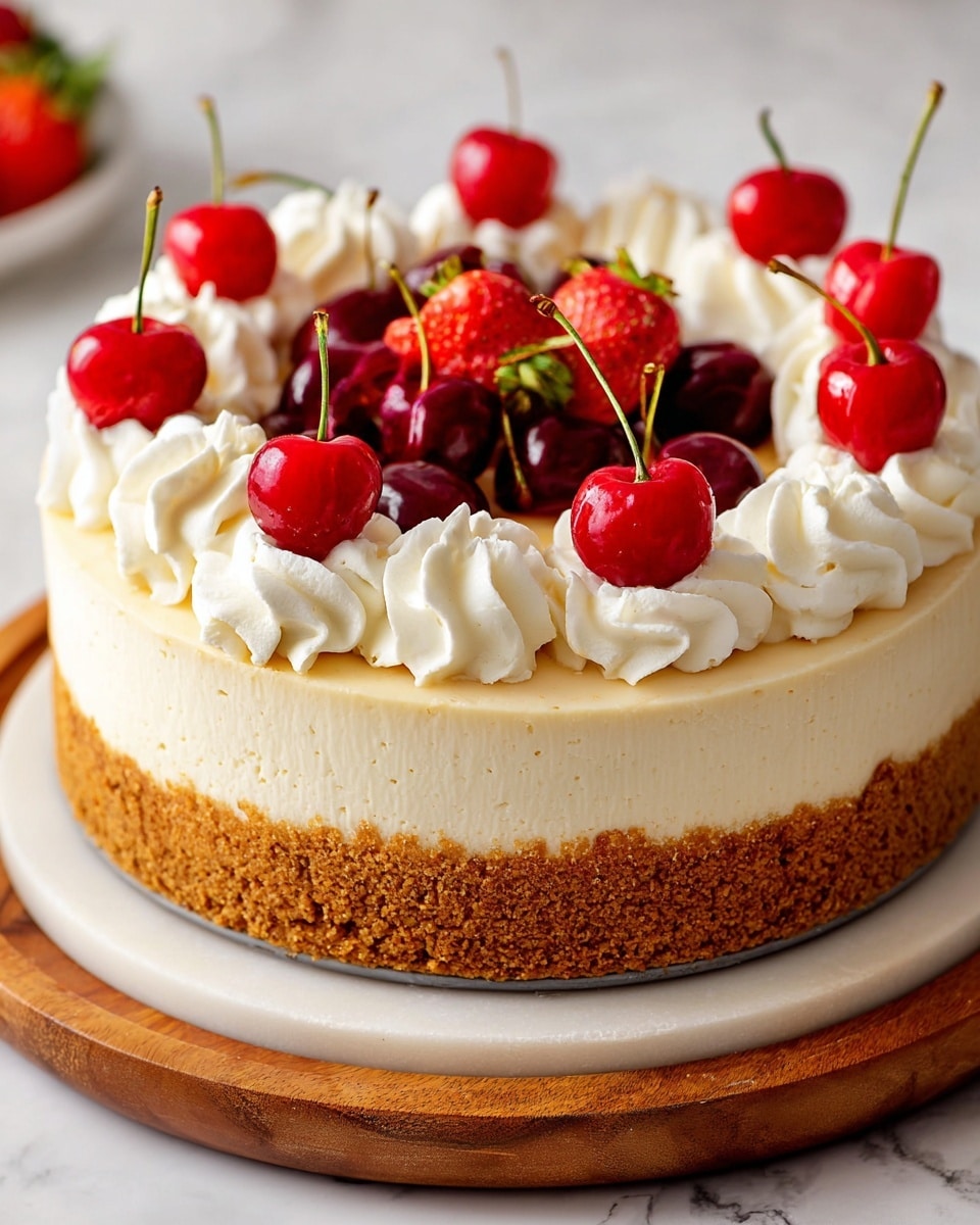 This image shows a creamy cheesecake with a thick, light beige cream cheese layer in the middle, supported by a crunchy golden brown crumb crust at the bottom and sides. The top of the cheesecake is smooth and pale yellow. Around the edge, there are evenly spaced swirls of white whipped cream. Each swirl is topped with either a bright red strawberry or a glossy dark red cherry with stems. The cheesecake sits on a round white marble board with some crumbs scattered around it, all placed on a wooden surface. In the background, there are blurred pink and purple flowers. photo taken with an iphone --ar 4:5 --v 7