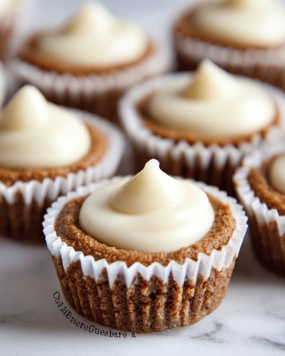The image shows several small gingerbread cheesecake bites arranged closely together. Each bite has two visible layers: the bottom layer is a light brown, slightly rough-textured gingerbread base molded in a white paper cupcake cup, and the top layer is a smooth, creamy white dollop of cheesecake filling centered on each bite. The bites are sitting on a white marbled surface, and the focus is on the front cheesecake bite with the others blurred softly in the background. photo taken with an iphone --ar 4:5 --v 7