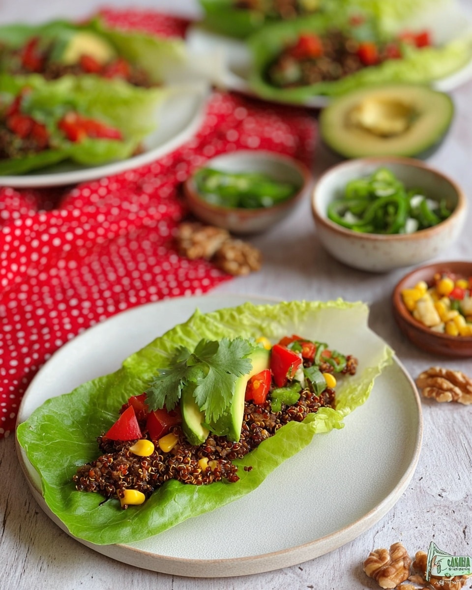 A single lettuce leaf taco lies on a white round plate with a smooth texture, placed slightly off-center. The taco has four main layers: the base is a bright green, fresh romaine lettuce leaf; on top is a crumbly, dark brown quinoa mixture spread evenly inside the leaf; there are diced, colorful pieces of red tomatoes, yellow corn, and light green scallions scattered over the filling; finally, two slices of creamy green avocado and a small sprig of cilantro rest on top. Behind the plate is a white marbled surface with a red cloth with white polka dots slightly folded beside it, along with a white plate holding three more lettuce tacos filled similarly, blurred in the background. Small bowls of sliced jalapeños, whole walnuts, scallions, and corn also sit on the white marbled surface around the plates. Photo taken with an iphone --ar 4:5 --v 7