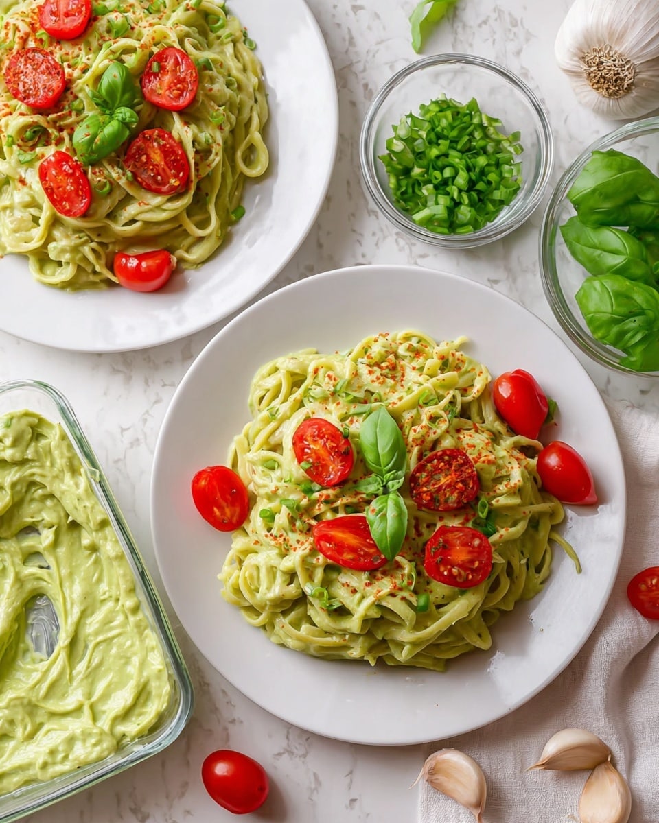 The dish shows two white plates with creamy green pasta topped with bright red cherry tomato halves and fresh green basil leaves, with a sprinkle of red seasoning on top. The pasta is smooth and twisted, with a thick green sauce evenly covering the strands. Around the plates, there are small glass bowls filled with fresh basil leaves and more cherry tomato halves. To the side, a clear dish holds more of the creamy green sauce, and on the white marbled surface, whole garlic bulbs and cloves are scattered. The overall setting looks fresh and colorful, with the vivid red, green, and pale creamy textures standing out against the white background. photo taken with an iphone --ar 4:5 --v 7