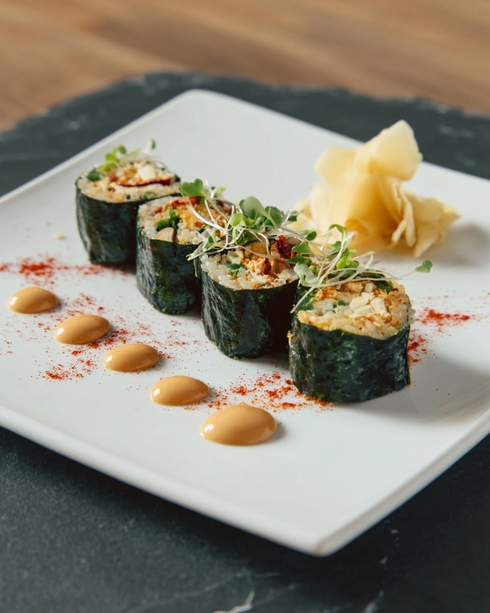 Four pieces of sushi rolls are placed in a line on a white square plate with a smooth texture. Each sushi piece is wrapped in dark green seaweed with three layers visible inside: a layer of light beige grains, a middle layer of mixed small vegetable bits, and a top layer featuring small green shoots and herbs. On the left side of the sushi, there are five small dollops of smooth, light brown sauce in a row extending outward. To the right of the sushi rolls, there is a small mound of pale yellow pickled slices shaped like delicate petals, and behind it, a small sprinkling of red and orange powder adds color. The plate is set on a white marbled surface. Photo taken with an iphone --ar 4:5 --v 7