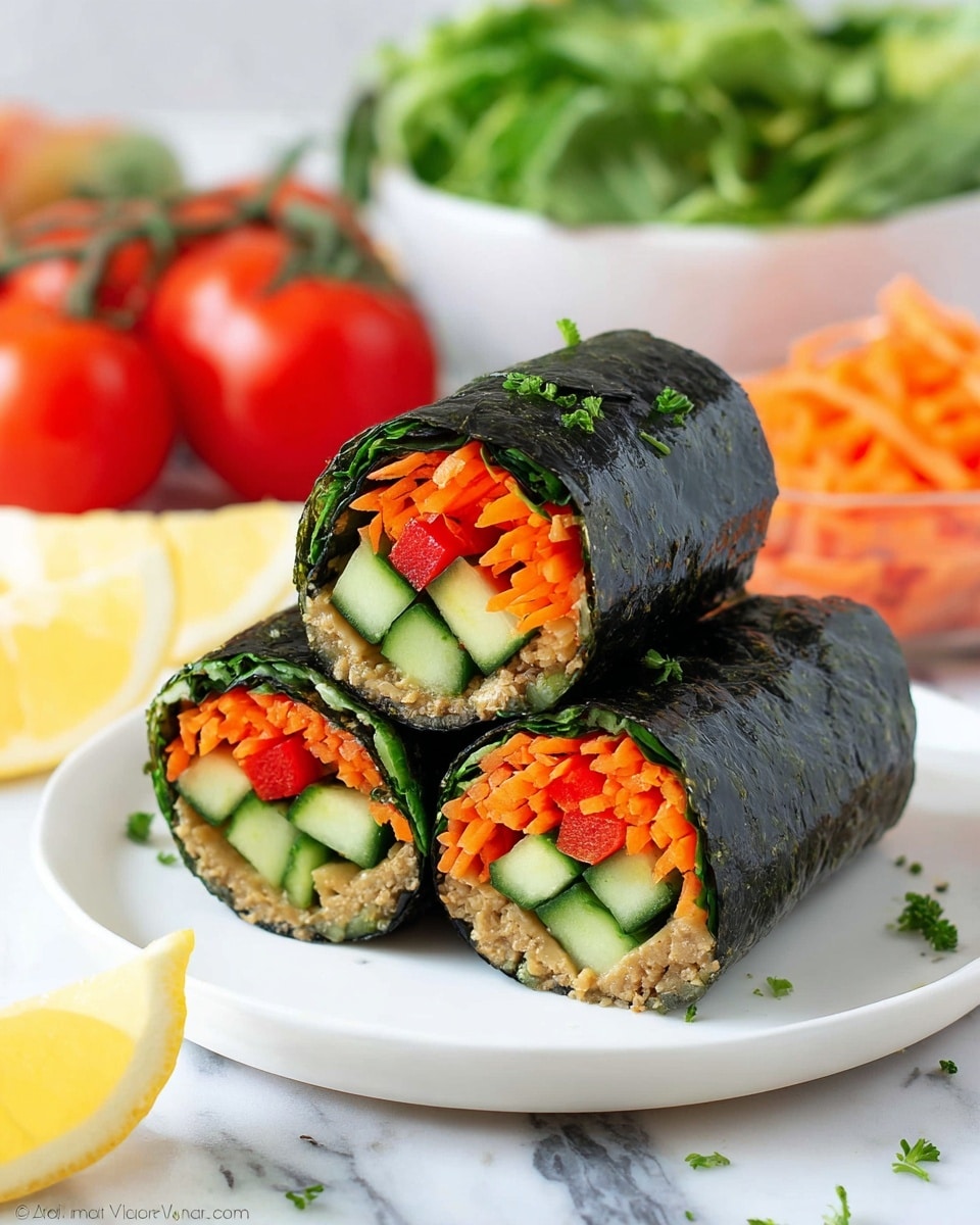 Three nori seaweed rolls are arranged in a pyramid shape on a white plate set on a white marbled surface. Each roll has a shiny dark green seaweed outer layer wrapping three main visible layers inside: bright orange shredded carrots on top, fresh green cucumber cubes and small pieces of red bell pepper in the middle, and a thick beige spread at the bottom. In the background, there are vibrant red tomatoes on the vine, a white bowl filled with leafy green lettuce, and a sliced yellow lemon in the foreground. The scene is colorful, fresh, and clean with a natural light feel. photo taken with an iphone --ar 4:5 --v 7