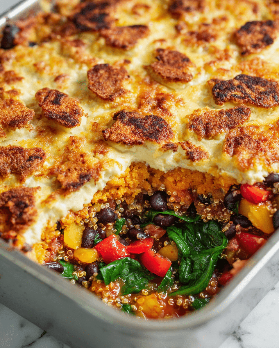 The image shows a close-up of a baked casserole in a metal baking dish on a white marbled surface. The top layer is golden brown and bubbly with toasted pieces of bread or dough, crispy and slightly charred on edges. Below the crunchy top is a creamy layer with a soft, light yellow color. The next visible layer is rich red sauce mixed with black beans, bright red bell pepper pieces, and cooked quinoa grains that add texture. The bottom layer consists of vibrant green leafy spinach, some leaves whole and shiny. The layers are thick and dense, showing a hearty, multi-ingredient bake. Photo taken with an iphone --ar 4:5 --v 7