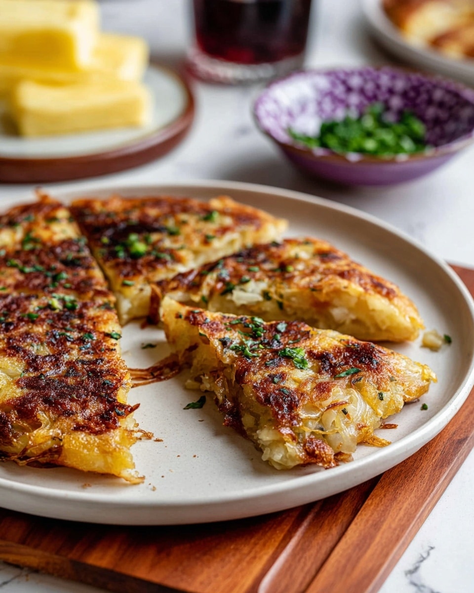 A white plate holds three slices of cheesy, golden-brown onion pancake with some green herbs sprinkled on top. Each slice shows a crispy, slightly darkened outer layer with caramelized bits, a middle layer of soft, cooked onions mixed inside a thick, textured dough, and finely chopped herbs scattered both inside and over the top. The plate is set on a wooden board, with blurred background items including stacked pieces of yellow butter on a white plate, a dark drink in a glass, and a purple-edged bowl with chopped green herbs, all on a white marbled surface. Photo taken with an iphone --ar 4:5 --v 7
