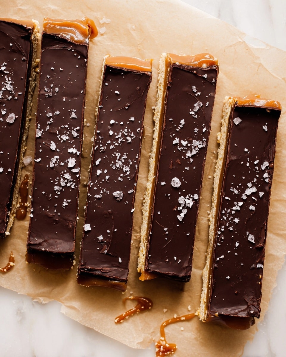 Five rectangular chocolate bars are placed side by side on a sheet of parchment paper over a white marbled surface. Each bar has three visible layers: the bottom layer is a light-colored, crumbly base, the middle layer is a thick, shiny caramel, and the top layer is a smooth, glossy dark chocolate coated evenly with a few small salt flakes scattered on top. The chocolate layer is slightly cracked in places, showing the caramel underneath. There are small bits of caramel and crumbs scattered around the bars, adding texture to the scene. Photo taken with an iphone --ar 4:5 --v 7