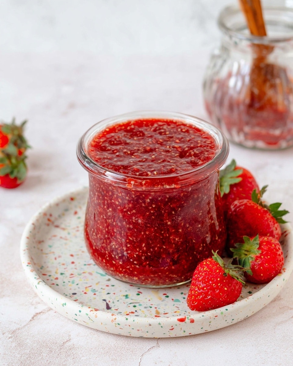 A round clear glass jar filled with a textured red strawberry jam that has visible tiny seeds and small fruit chunks, sitting on a round white plate with colorful specks. Around the plate, there are fresh whole strawberries with bright red skin and green tops. In the background, a glass jar with a wooden spoon inside is placed on a surface with a white marbled texture. Photo taken with an iphone --ar 4:5 --v 7