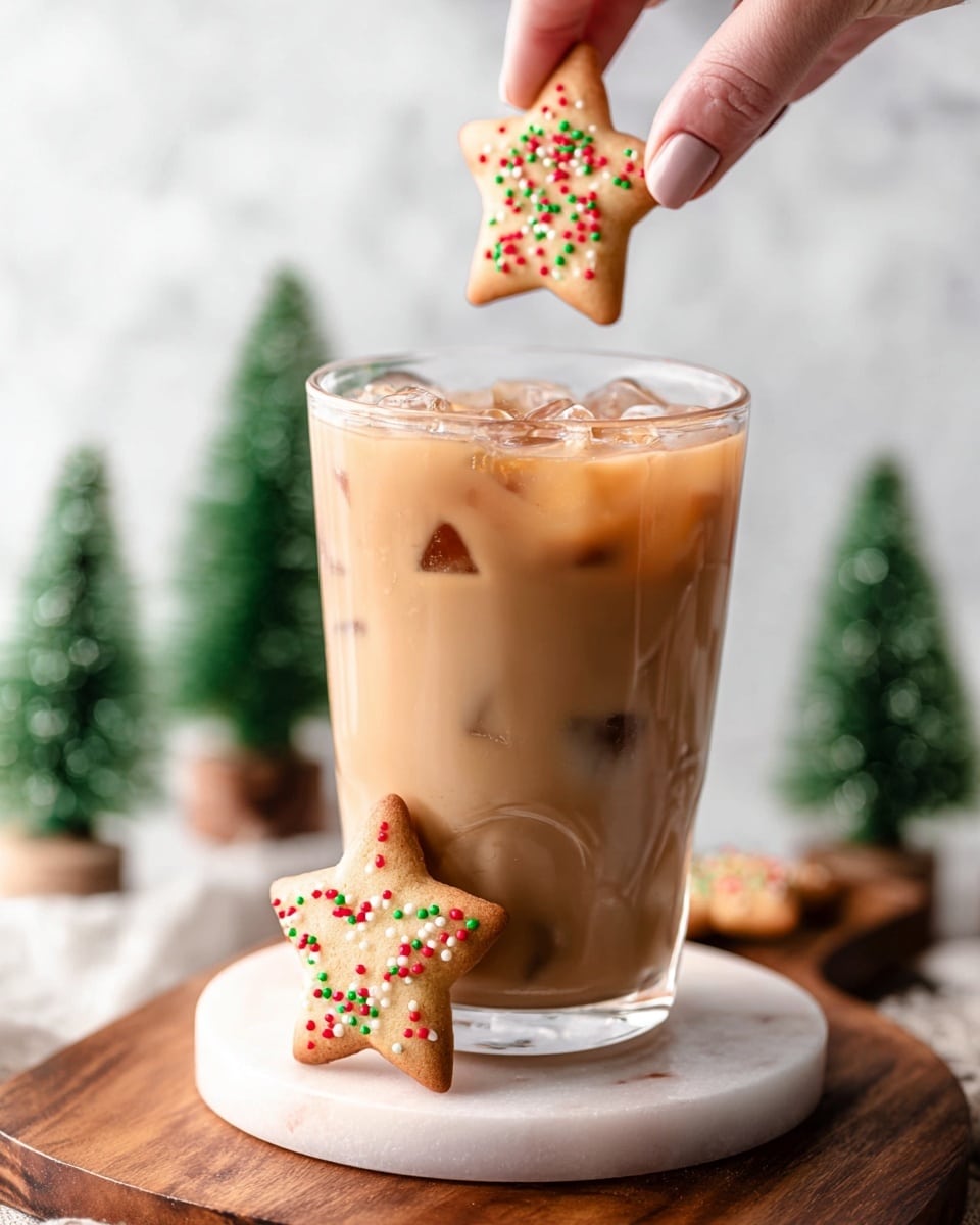 A clear glass filled with a light brown iced coffee drink with visible ice cubes inside, resting on a round white marbled coaster placed on a wooden board. A star-shaped cookie with red and green round sprinkles is placed leaning against the glass at the bottom, and another star-shaped cookie is held by a woman's hand, dipped slightly into the drink at the top right of the glass. In the background, there are small green Christmas tree decorations against a soft white marbled backdrop. Photo taken with an iphone --ar 4:5 --v 7
