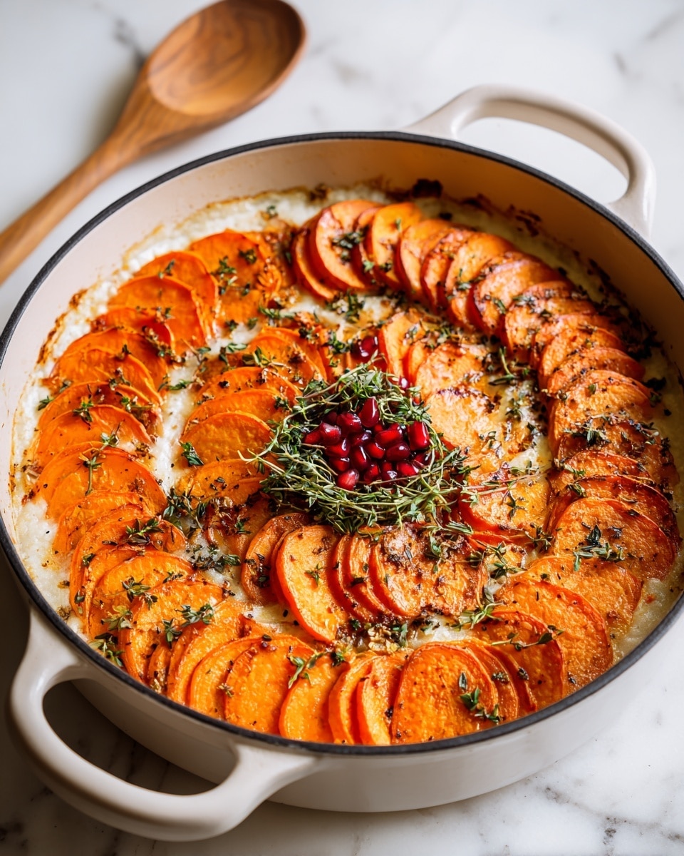 A white pan holds a dish with two main layers arranged in a spiral: the bottom layer is creamy and white, and the top layer consists of bright orange sweet potato slices, each slice slightly overlapping the next in a circular pattern. The sweet potatoes are roasted with a slightly charred texture and sprinkled with small green herb leaves, mainly thyme, scattered evenly around. In the center of the spiral, a small cluster of red pomegranate seeds adds a pop of color on top of the herbs. The pan is placed on a white marbled surface with a wooden spoon lying next to it. photo taken with an iphone --ar 4:5 --v 7