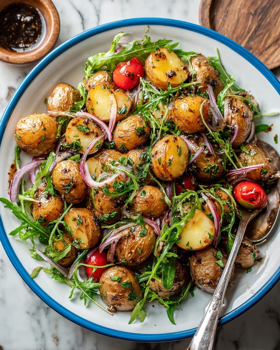 A white plate with a blue rim is filled with a salad made of golden brown small potatoes, some cut in halves showing light yellow inside, mixed with bright green arugula leaves and thin slices of red onion. Cherry red tomatoes are scattered across the dish. The potatoes are coated with a shiny dark brown dressing that glistens under the light. A silver spoon is placed on the right side of the plate, slightly digging into the salad. The plate sits on a white marbled surface with a small wooden bowl of dark dressing in the background. photo taken with an iphone --ar 4:5 --v 7