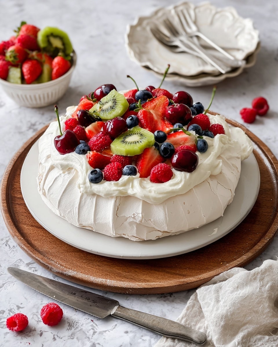 A white scalloped plate holds a slice of pavlova with three visible layers: a light crisp meringue base with a slightly cracked surface, a thick layer of soft white whipped cream in the middle, and a topping of fresh fruit including a red strawberry, a dark red cherry, a red raspberry, a small blue blueberry, and a slice of green kiwi at the edge. A woman's hand holds a small silver knife with a white handle, cutting through the cream layer. The plate rests on a grey white marbled surface, with blurred white scalloped plates and a larger pavlova topped with mixed colorful berries in the background. photo taken with an iphone --ar 4:5 --v 7