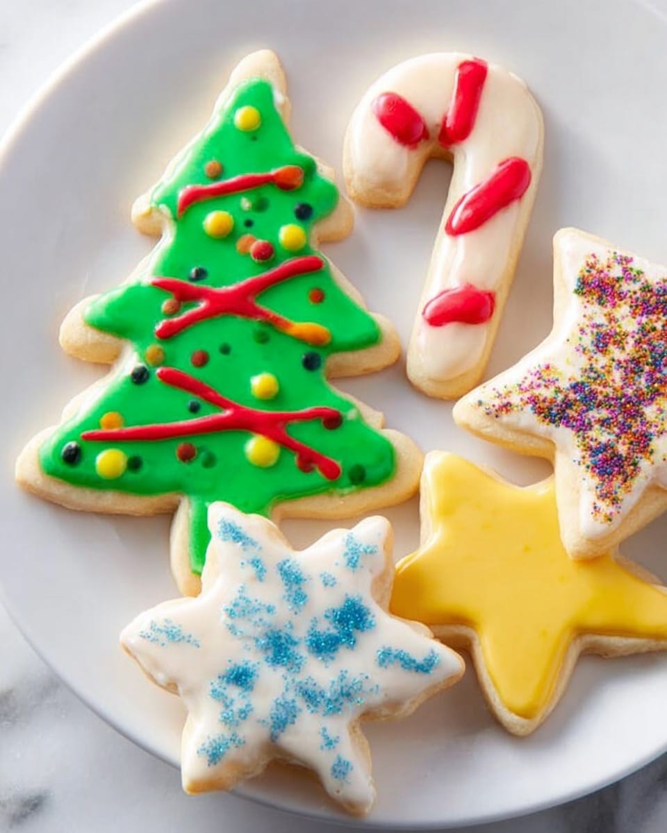 A white plate holds five festive cookies on a white marbled surface with red tissue paper underneath. The largest cookie is a gingerbread man shape with light beige dough speckled with colorful dots. Next to it, a candy cane-shaped cookie has a smooth white icing base with thick red stripes. A Christmas tree cookie is coated with bright green icing decorated with small yellow dots and thin red lines as garlands. A star-shaped cookie has a shiny orange icing covering its surface, while a small snowflake cookie features white icing with a detailed blue design. A small angel-shaped cookie with the same colorful speckled dough is next to the Christmas tree cookie. In the background, there is a clear glass filled with frothy milk, decorated with green and red holly patterns. photo taken with an iphone --ar 4:5 --v 7
