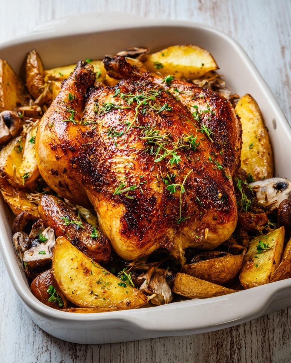 A golden brown roasted whole chicken with a crispy skin is placed in a white ceramic baking dish. The chicken is surrounded by browned potato wedges and whole mushrooms, all garnished with sprinkled bright green chopped herbs. The chicken has visible grill marks and a slightly glistening, textured surface indicating it is juicy and well-seasoned. The dish sits on a white marbled surface with soft natural light enhancing the rich colors. photo taken with an iphone --ar 4:5 --v 7