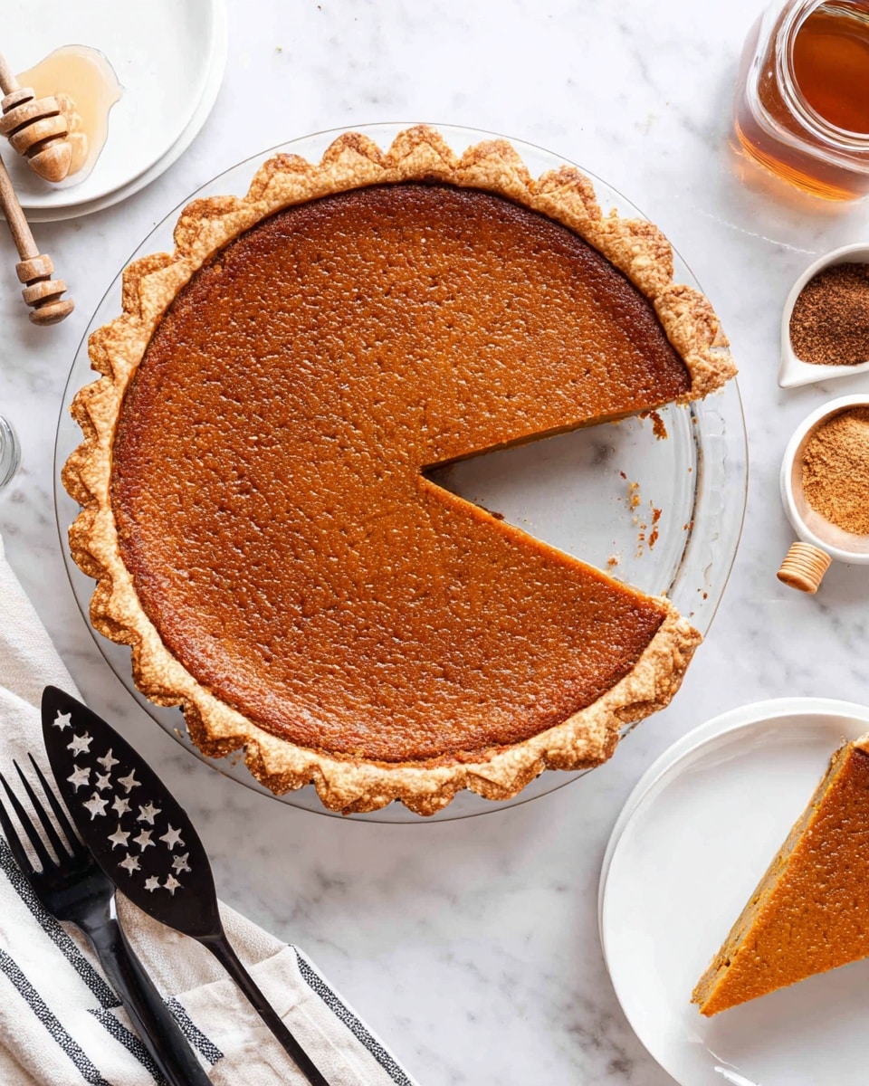 A round pumpkin pie with a golden brown crust that has a detailed edge, sitting on a clear glass plate on a white marbled surface. The pie filling is smooth and deep orange with a slightly textured top. One slice is cut and slightly pulled out, showing the thickness of the pie. To the top right, the slice is placed on a white plate with a black fork resting next to it. There are two black forks on a white towel with black stripes in the bottom left corner. Near the pie, there is a glass jar with a honey dipper and a scoop of cocoa powder and cinnamon on a small white dish. A silver pie server with star cutouts is positioned near the pie. photo taken with an iphone --ar 4:5 --v 7