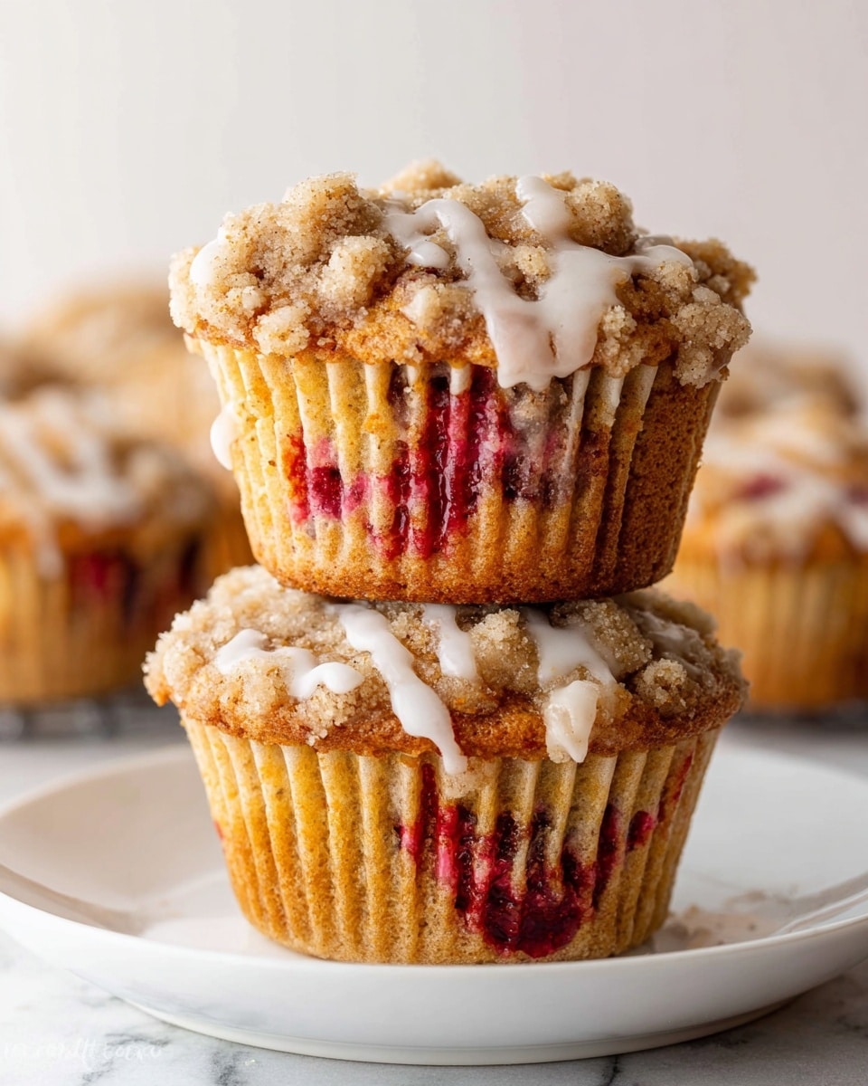 Two stacked muffins are shown on a white plate with a white marbled surface background. Each muffin has three layers: the bottom layer is a golden-brown muffin base with visible red berry streaks inside; the middle layer is a crumbly, light brown streusel topping with small chunks; the top layer is a white glaze drizzled unevenly over the streusel, some glaze dripping down the sides. The muffins have a rough texture on top and a moist, soft texture below. In the background, more muffins are blurred out. photo taken with an iphone --ar 4:5 --v 7