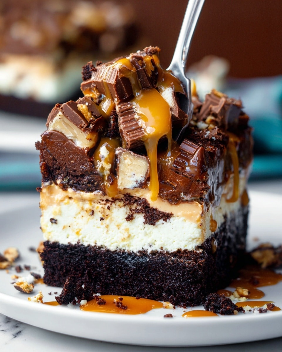 The image shows a close-up of a thick square dessert bar made of four distinct layers. The bottom layer is a dark, rich chocolate brownie with a dense texture. Above that is a layer of whole chocolate sandwich cookies with white cream in the center. The third layer is a creamy, pale yellow cheesecake with bits of cookies mixed in, giving it a marbled look. On top is a thick, glossy dark chocolate layer covered with chunks of broken chocolate bars and pieces of sandwich cookies, creating a rough, textured surface. The dessert is stacked on other similar bars on a white marbled surface, with a blurred jar of peanut butter in the background. photo taken with an iphone --ar 4:5 --v 7