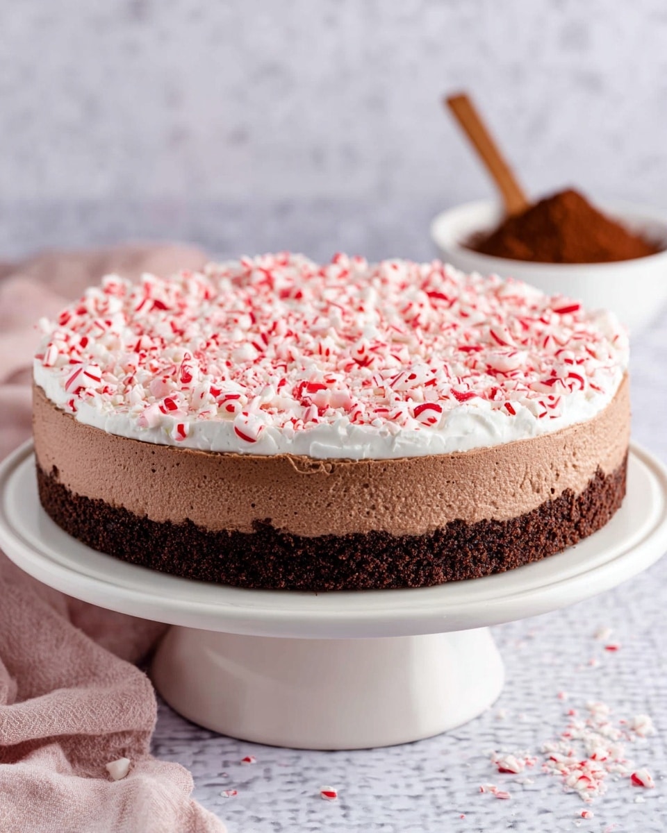 The image shows a round cake with three main layers on a white cake stand. The bottom layer is dark brown and looks like a firm chocolate crust. The middle layer is thick, light brown, and fluffy with a mousse-like texture. The top layer is white cream sprinkled densely with red and white striped crushed peppermint pieces. The cake is set against a white marbled textured surface with a soft, pale pink cloth and a white bowl with a wooden spoon filled with cocoa powder in the background. Photo taken with an iphone --ar 4:5 --v 7