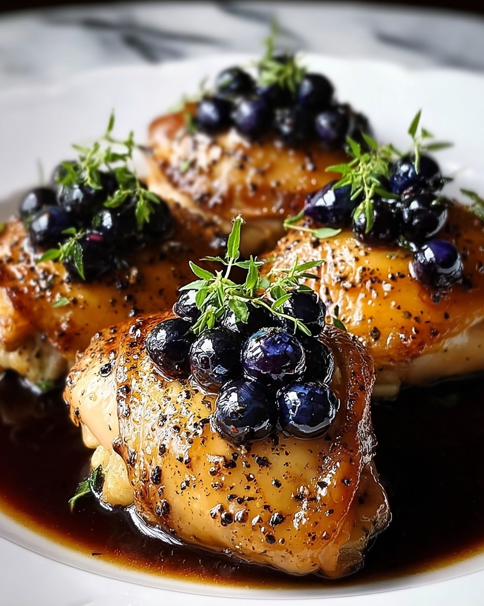 Three pieces of cooked chicken thighs are served on a white plate, each thigh golden brown with a caramelized, slightly charred texture and small black specks of seasoning all over. The chicken is covered with a shiny dark brown sauce that pools at the bottom of the plate, adding a glossy finish. On top of each chicken piece, there are several fresh, glossy dark blue to purple berries, with small green sprigs of herbs placed gently on the center piece, adding a fresh touch to the dish. The plate rests on a white marbled surface. photo taken with an iphone --ar 4:5 --v 7