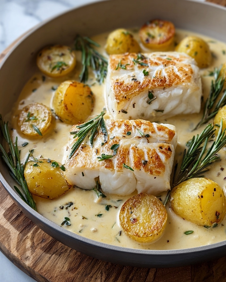 The dish shows two thick pieces of white fish, slightly browned with a grilled texture on top, placed in the center of a white pan filled with a creamy light beige sauce. Around the fish are several golden yellow roasted potato halves with a soft texture. The sauce and fish are garnished with fresh green rosemary sprigs, adding color and detail to the dish. The white pan rests on a wooden board with a white marbled surface in the background. Photo taken with an iphone --ar 4:5 --v 7