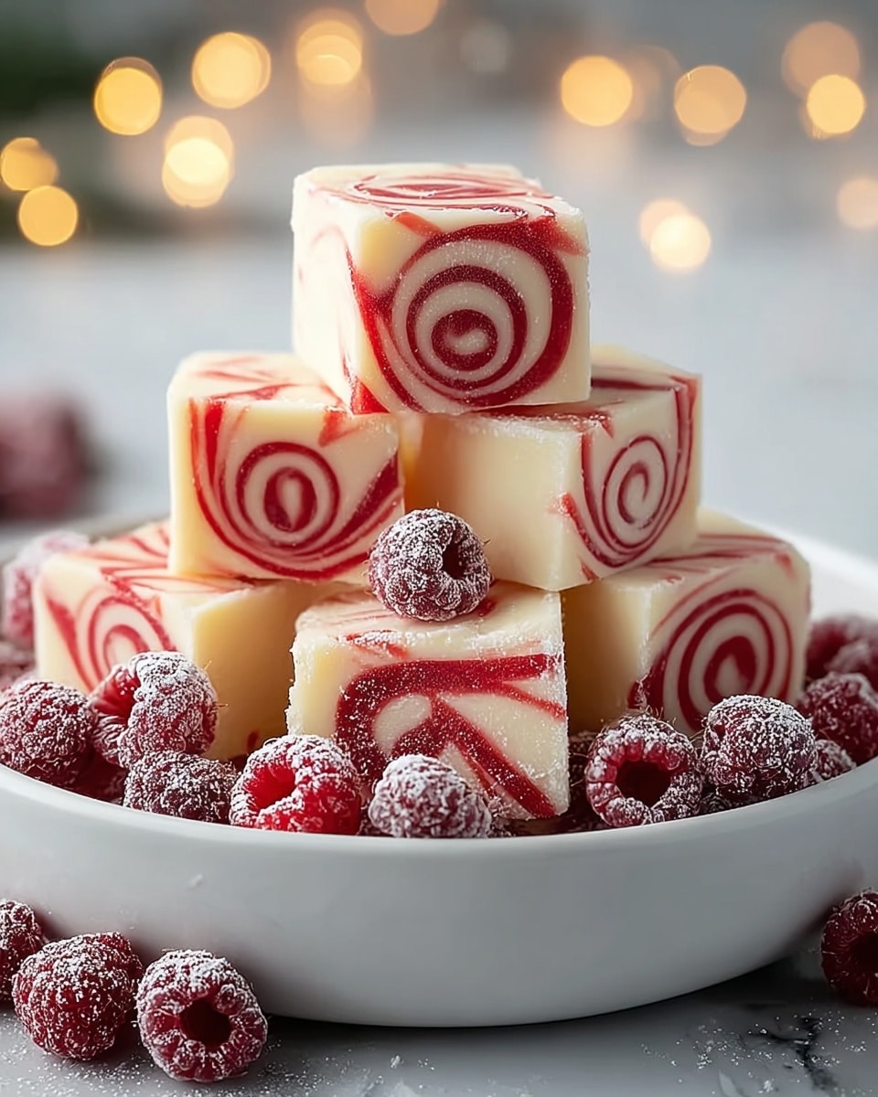 There are five square-shaped creamy white fudge pieces with red swirls inside, stacked in a pyramid shape on a white bowl. The red swirls create a spiral pattern on the sides and top of each fudge piece. Around the fudge at the base, there are fresh red raspberries lightly dusted with powdered sugar. The bowl sits on a white marbled surface, and soft warm lights blur softly in the background, giving a cozy feeling. photo taken with an iphone --ar 4:5 --v 7