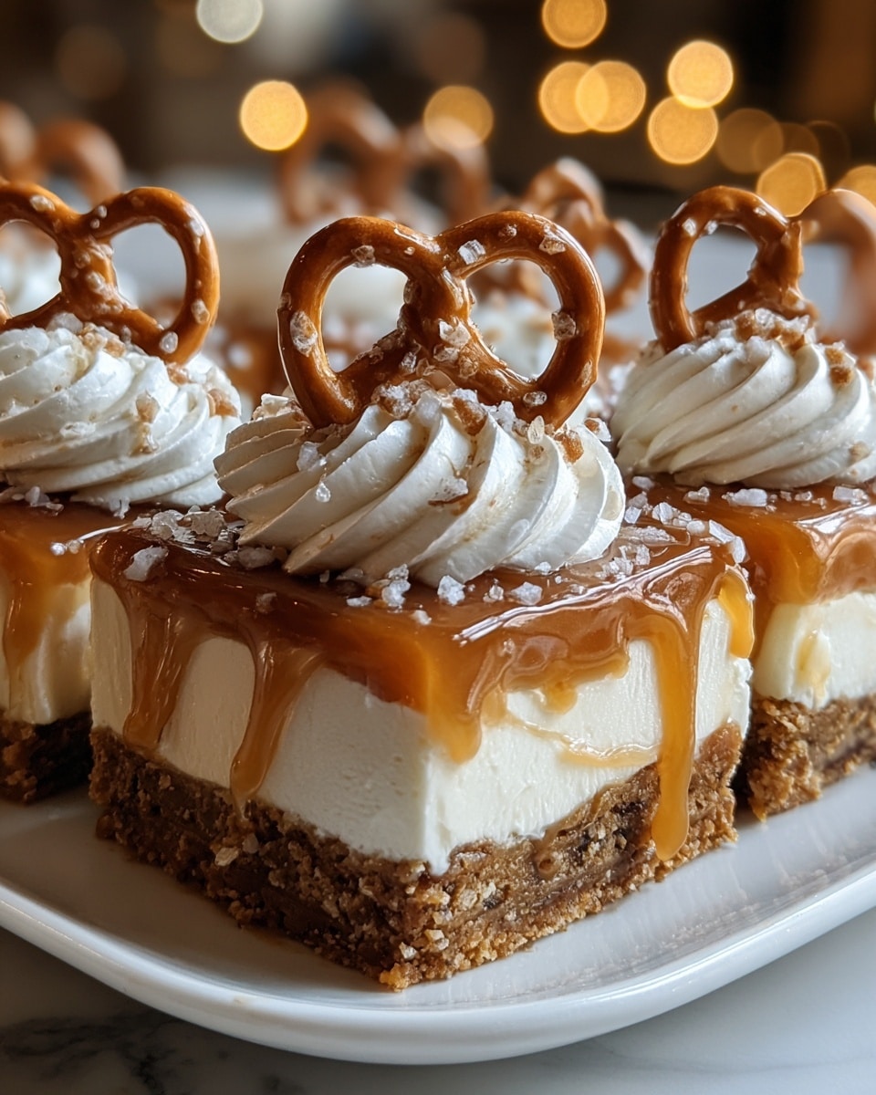 The image shows a dessert bar with three main layers placed on a white plate. The bottom layer is a crumbly brown crust, the middle layer is thick and creamy white, and the top layer is a glossy caramel sauce dripping slightly down the sides. On top of the caramel are rope-like swirls of white whipped cream, each topped with a small pretzel coated with coarse white salt. The background has a warm light with bokeh effects and the whole scene is on a white marbled surface. photo taken with an iphone --ar 4:5 --v 7